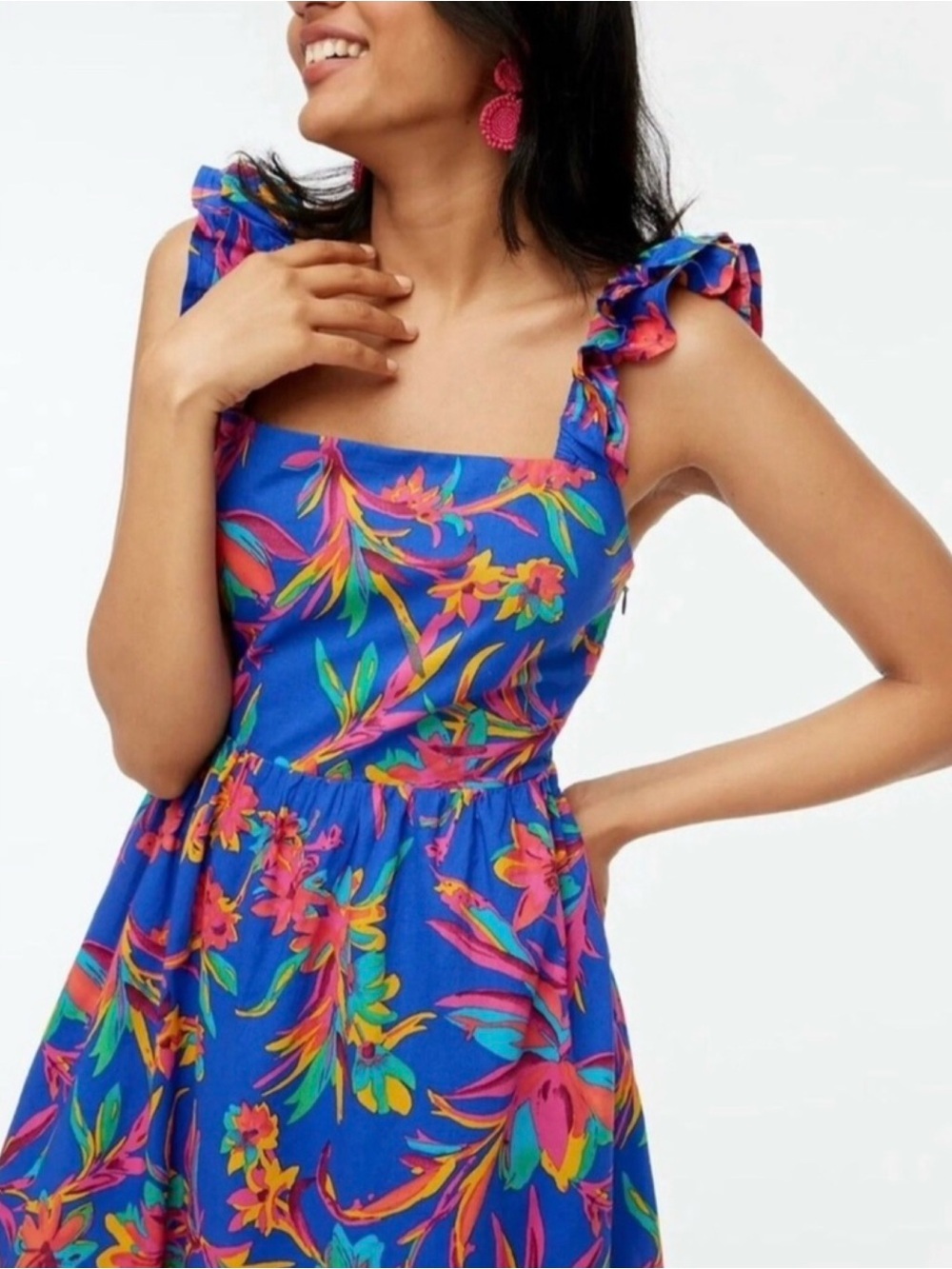 J. CREW | Blue Floral Print Ruffle Strap Cotton Midi Dress Sz. 6 Boho - Picture 4 of 6